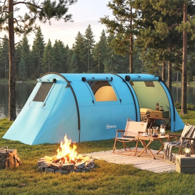 Outsunny 3-4 Person Camping Tent with 2 Rooms, 3000mm Waterproof Portable Family Tent with Carry Bag, Sky Blue