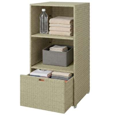 Outsunny Pool Towel Rack, Rattan Wicker Organizer with Shelves & Drawer