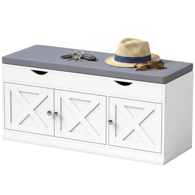 HOMCOM Shoe Bench with Cushion Shoe Storage Bench 3-Door Adjustable Shelves White