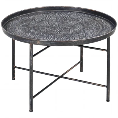 HOMCOM Vintage Coffee Table for Living Room, 24" Round Center Table with Hammered Tray Top and Metal Frame, Pewter