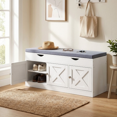 HOMCOM Shoe Bench with Cushion Shoe Storage Bench 3-Door Adjustable Shelves White