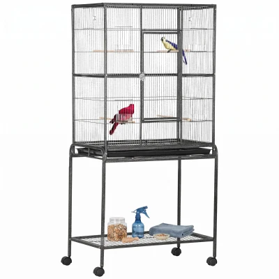 PawHut Large Rolling Metal Bird Cage Bird House with Detachable Rolling Stand, Storage Shelf, Wood Perch Food Container - Black