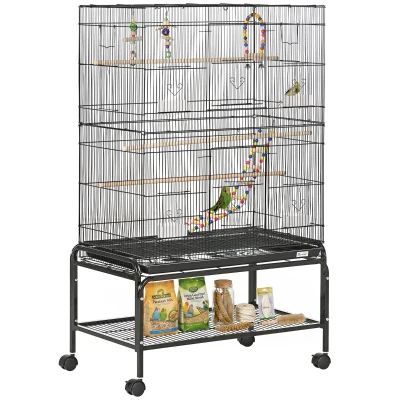 PawHut 52" Bird Cage with Rolling Stand, Toys, for Budgies Canaries Black