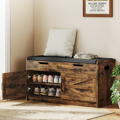 HOMCOM Shoe Storage Bench, Entryway Bench with 2-Tier Cabinet, Flip-Top Storage, Padded Cushion for Hallway, Rustic Brown