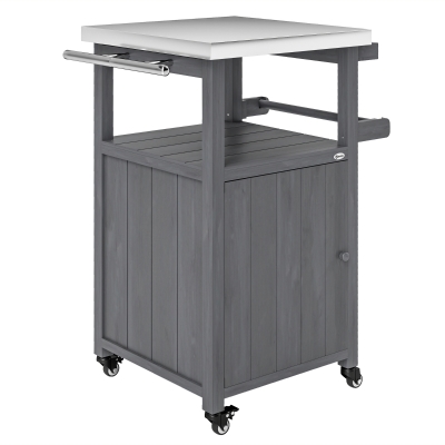 Outsunny Grill Table with Stainless Steel Top, Pizza Oven Table with Storage Cabinet, Spice Rack, Wheels, Handle, Dark Grey