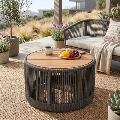 Outdoor Coffee Table with 220 Lbs Capacity, Weather-Resistant Rustic Center Table for Garden, 26" L x 26" W x 14" H, Grey+Natural+Teak