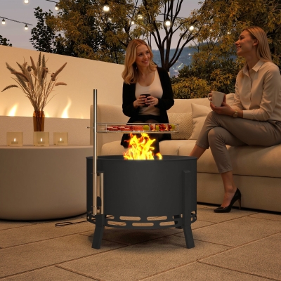 Outsunny Outdoor Fire Pit, Round Firepit with Grill Grate, Fire Bowl with Ash Catcher and Poker for Backyard Camping Bonfire Picnic, Black