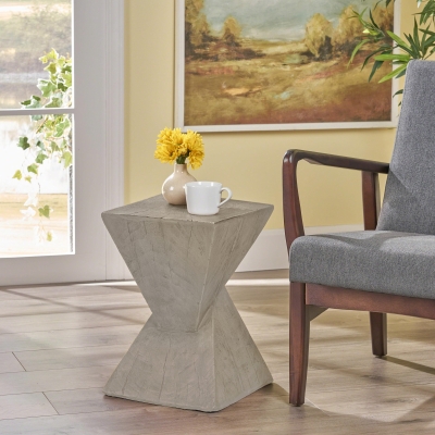 Stylish MGO Accent Table with Realistic Wood-Grain Texture, All-Weather Side Table with Stable 77 Lbs Capacity, 12.5" L x 12.5" W x 18" H, Light Gray
