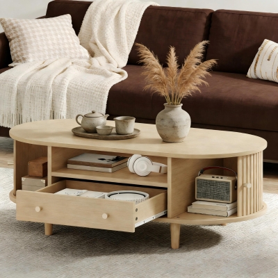 Versatile Oval Coffee Table with Roll-Top Door and Drawer, Spacious Center Table with Open Shelf, 39.5" L x 19.5" W x 14" H, Natural Wood