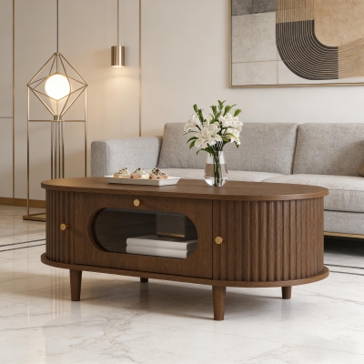 Living Room Coffee Table with Roll-Up Door Storage, Minimalist Center Table with MDF Veneer Top, 39.5" L x 19.5" W x 14" H, Walnut Wood