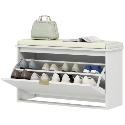 HOMCOM Entryway Bench with Padded Seat and Flip-Drawers, Holds up to 265lbs, Shoe Storage Bench for 8 Pairs of Shoes, White