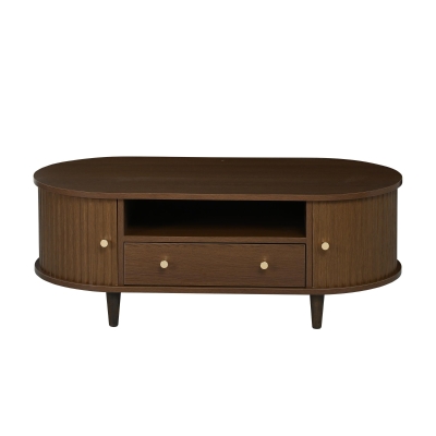 Versatile Oval Coffee Table with Roll-Top Door and Drawer, Spacious Center Table with Open Shelf, 39.5" L x 19.5" W x 14" H, Walnut
