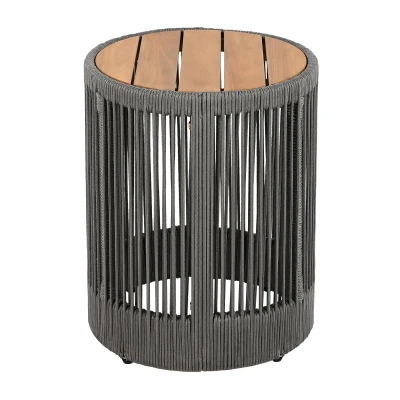 Outdoor Side Table with Rope-Wrapped Iron Frame, Sturdy End Table with Rustic-Modern Design, 15" L x 15" W x 18.5" H, Grey+Natural+Teak