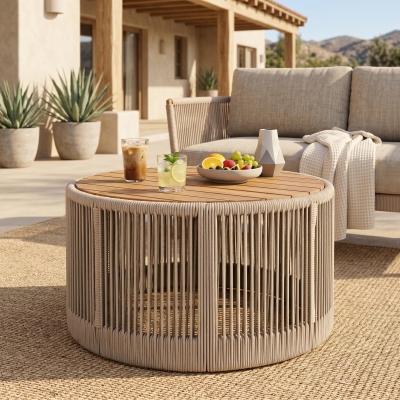 Outdoor Coffee Table with 220 Lbs Capacity, Weather-Resistant Rustic Center Table for Garden, 26" L x 26" W x 14" H, Natural+Teak+Beige
