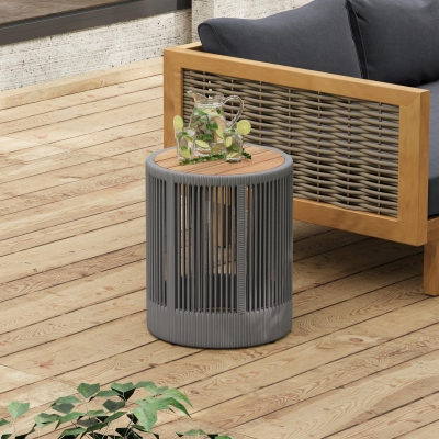 Outdoor Side Table with Rope-Wrapped Iron Frame, Sturdy End Table with Rustic-Modern Design, 15" L x 15" W x 18.5" H, Grey+Natural+Teak