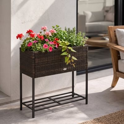Outsunny Rattan Raised Garden Boxes, Elevated Flower Beds with Storage Shelf for Herbs, Flowers, Vegetables, Brown
