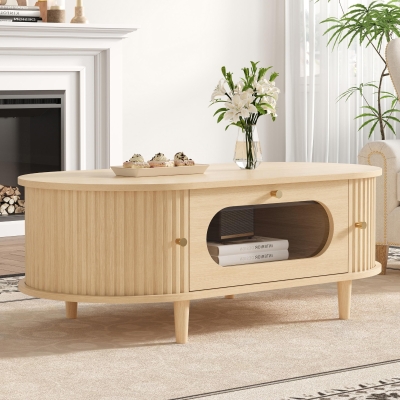 Living Room Coffee Table with Roll-Up Door Storage, Minimalist Center Table with MDF Veneer Top, 39.5" L x 19.5" W x 14" H, Natural Wood