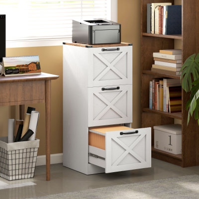HOMCOM 3 Drawer File Cabinet with Silent Slides, Vertical Farmhouse Filing Cabinet Fits Letter/A4 Size Home Office, White