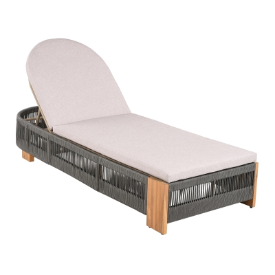 Outdoor Chaise Lounge Chair with Water-Resistant Cushion, Durable Sun Lounger with Rope Detailing, 79.5" L x 28.5" W x 12" H, Grey+Natural+Teak