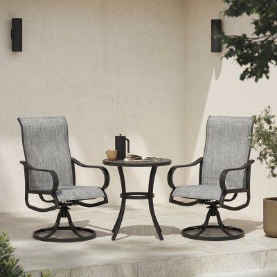 Outsunny 2-Piece Swivel Garden Chairs, 360° Swivel Rocking Outdoor Chairs with Curved Armrests, Breathable Mesh Seat & S Shape Backrest for Yard, Lawn, Porch, Dark Grey