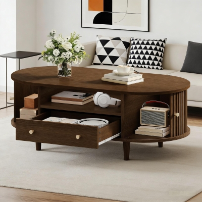 Versatile Oval Coffee Table with Roll-Top Door and Drawer, Spacious Center Table with Open Shelf, 39.5" L x 19.5" W x 14" H, Walnut