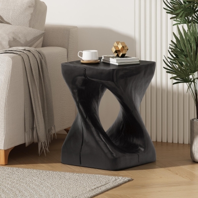Twisted Hourglass Accent Side Table with MGO Composite, All-Weather End Table with UV-/Water-Resistant Finish, 11.5" L x 11.5" W x 16" H, Black