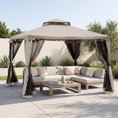 Outsunny 10' x 10' Patio Gazebo Pavilion, 2-Tier Roof Canopy Outdoor Event Party Tent with Steel Frame for Garden, Yard and Sun Shade Use, Brown