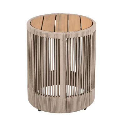 Outdoor Side Table with Rope-Wrapped Iron Frame, Sturdy End Table with Rustic-Modern Design, 15" L x 15" W x 18.5" H, Beige+Natural+Teak