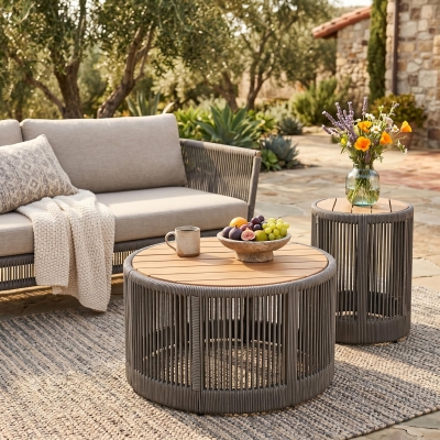 2-Piece Side Table Set with Woven Rope Design, Outdoor Round Table Set for Patio and Poolside, 41" L x 41" W x 32.5" H, Grey+Natural+Teak