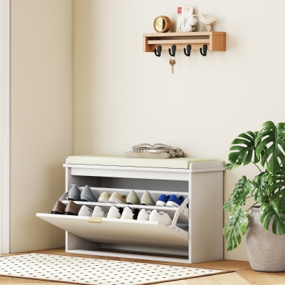 HOMCOM Entryway Bench with Padded Seat and Flip-Drawers, Holds up to 265lbs, Shoe Storage Bench for 8 Pairs of Shoes, White