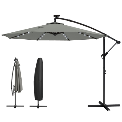 Outsunny 9.7 ft Cantilever Patio Umbrella with Solar Light, Garden Hanging Parasol with Cover, Tilt, Crank, Grey