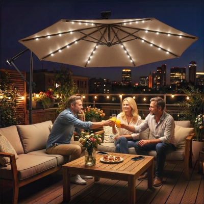 Outsunny 9.7 ft Cantilever Patio Umbrella with Solar Light, Garden Hanging Parasol with Cover, Tilt, Crank, Khaki