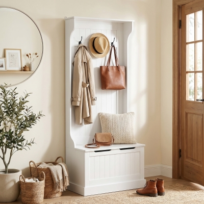 HOMCOM 4-In-1 Hall Tree with Coat Rack, Top Shelf, Shoe Storage and Bench Seat, Entryway Bench with 4 Hooks