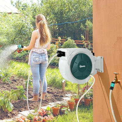 Outsunny 1/2 in x 65ft Wall Mounted Garden Hose Reel, Retractable Water Hose Reel with Auto Rewind, Any Length Lock, Green