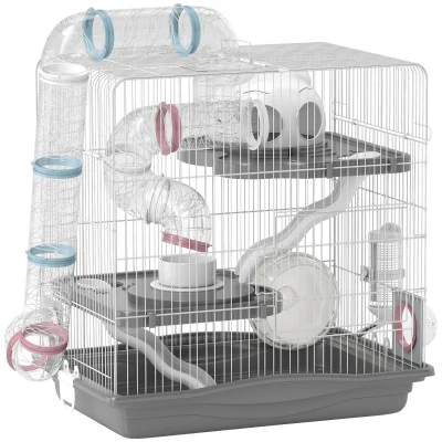 PawHut 3-Tier Hamster Cage, Portable Gerbil Cage with Exercise Wheels, Water Bottle, Food Dish, for Dwarf Hamsters, Mouse, Grey