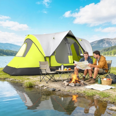 Outsunny Camping Tent for 6 with 2 Bedroom, Waterproof Rainfly and Carry Bag for Fishing Hiking Festival, Green