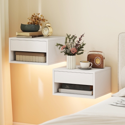 HOMCOM Floating Bedside Table Set of 2 with RGB LED Lights App Control