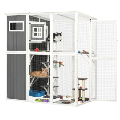 PawHut Wooden Cat Catio, 66.5"L Walk in Outdoor Cat House with PVC Weather Protection Roof, Multiple Platforms, Lockable Doors, Resting Condo, Observation Window, for 2 Cats