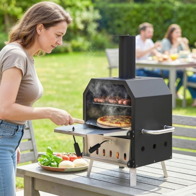 Outsunny Outdoor Pizza Oven with 12" Pizza Stone, Peel, Wood Fired 2-Layer Stainless Steel Pizza Maker