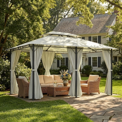 Outsunny 13' x 10' Soft-top Gazebo Patio Steel Canopy Portable Party Event with Double Canopy Roof, Curtains, Cream White