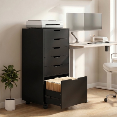 HOMCOM File Cabinet on Wheels Mobile Printer Stand with 6 Drawers for Home Office Black