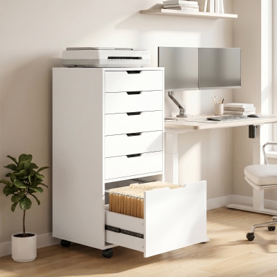 HOMCOM File Cabinet on Wheels Mobile Printer Stand with 6 Drawers for Home Office White