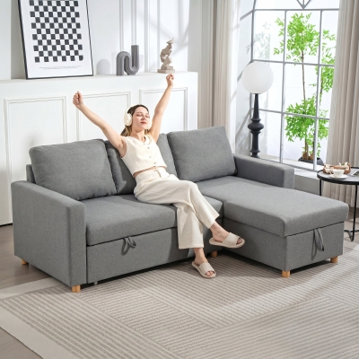 HOMCOM 83" Sofa Bed, Pull Out Sleeper L Shaped Sectional Couch with Reversible Storage Chaise, Wide and Deep Seat, Light Grey