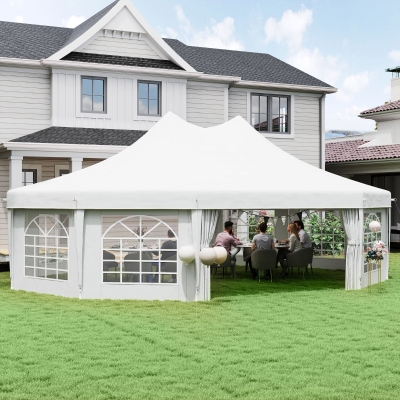 Outsunny 21' x 29' Wedding Event Party Tent High Peak Decagonal Outdoor Gazebo Canopy with Removable Walls White