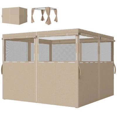 Outsunny Gazebo Curtains, 10' x 10' Universal Replacement Privacy Curtain, 4-Panels Sidewall with Roll up Mesh Windows, Khaki