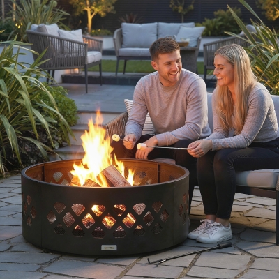 Outsunny 36" Outdoor Fire Pit, Portable Bottomless Fire Ring with Poker, Wood Burning Firepits, Black