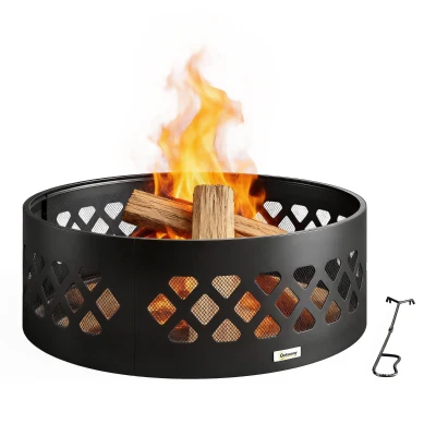 Outsunny 36" Outdoor Fire Pit, Portable Bottomless Fire Ring with Poker, Wood Burning Firepits, Black