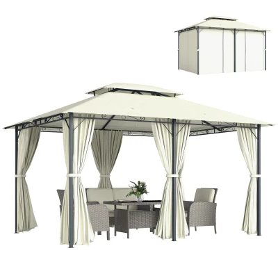 Outsunny 13' x 10' Soft-top Gazebo Patio Steel Canopy Portable Party Event with Double Canopy Roof, Curtains, Cream White