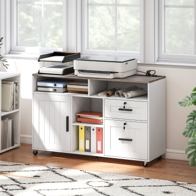 HOMCOM Mobile Printer Stand with Charging Station and USB Ports, Locking Filing Cabinet for A4 and Letter Size, White