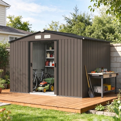 Outsunny 9.1'x6.4'x6.3' Garden Storage Shed w/ Foundation Kit Metal Tool Storage House w/ Double Doors Brown